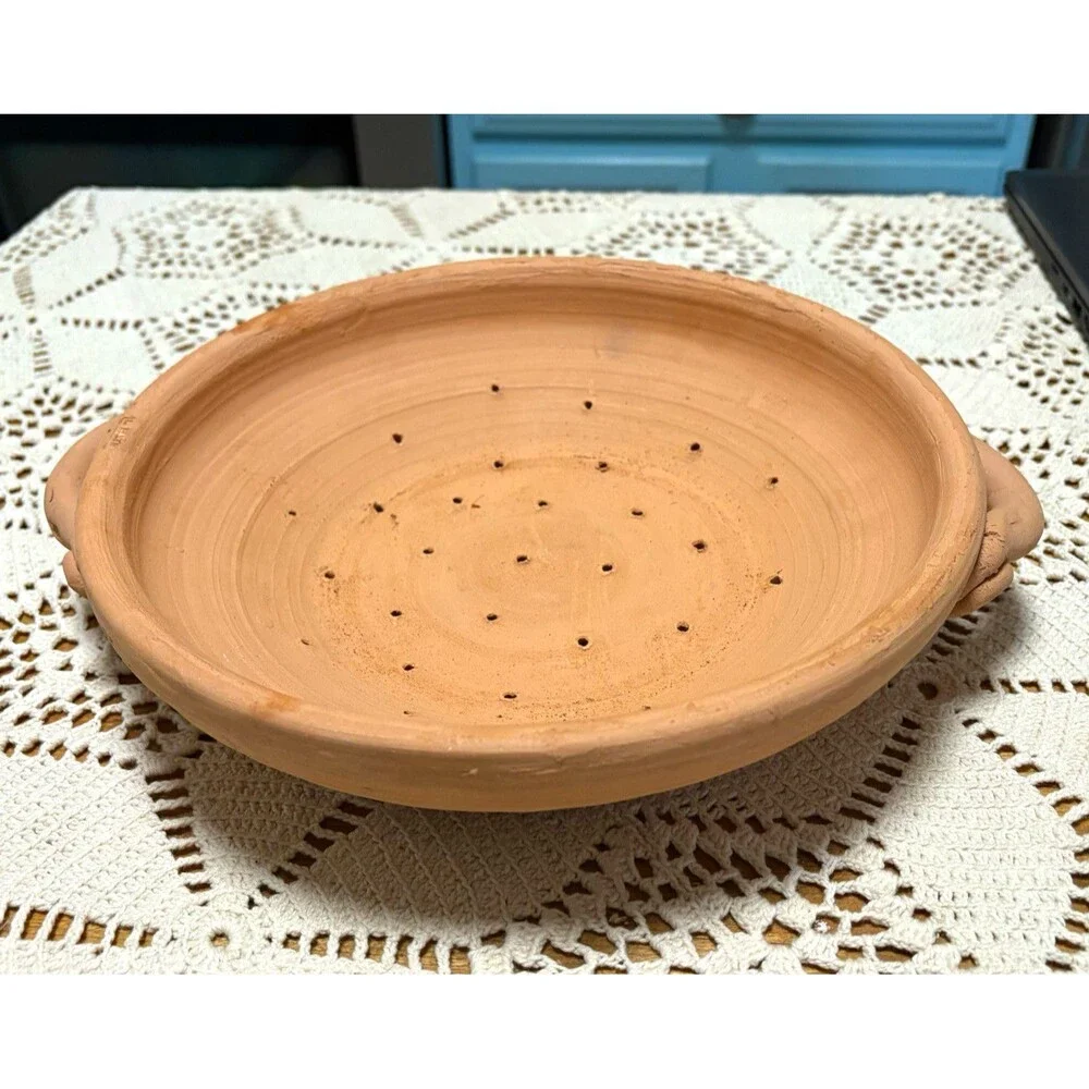 Handmade Brown Clay Ceramic Art Pottery Perforated Bowl w/ Handles Stamped